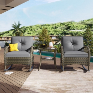 Ulife Balkonset Rattan Balkonmöbel Set für 2 Personen, Akazienplatte mit grauen Kissen, (3-tlg), Zwei Schaukelstühle mit sanfter Wippfunktion