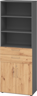 bümö Aktenregal & Schrank abschließbar, Büroschrank Regal & Schubladen Kombination Holz 80cm breit in Graphit/Asteiche - Schrank für's Büro & Arbeitszimmer, Büro Möbel Ordnerschrank, 968K2-G-R-BS