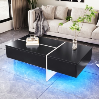 Hochgl?nzender Couchtisch, schwarz-wei?e Colorblock-Struktur, Wohnzimmerm?bel, 100*50*34,5cm, mit App-gesteuertem LED-Beleuchtungssystem