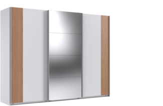 Schwebetürenschrank >Malaga< Spiegel, Weiß / Akustiklamelle Artisan Eiche - 270x208x64cm (BxHxT)
