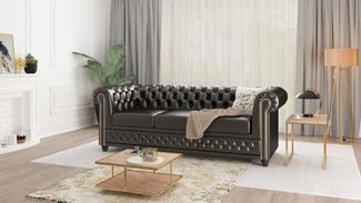 S-Style Möbel Chesterfield-Sofa Jeff, 3-Sitzer mit Schlaffunktion aus veganem Leder mit Holzfüßen, 3-Sitzer mit Schlaffunktion, mit Wellenfederung
