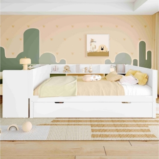 BlingBin Holzbett Kinderbett Multifunktionales Bett (1-tlg, mit Schreibtisch, Verstecktes Ausziehbett und 3 Bücherregal), weiß,Kiefernholz+Spanplatte, 140x200cm, für Kinder und Jugendliche