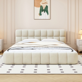 Polsterbett 140 x 190 cm – Jugendbett mit weicher Rückenlehne, Flachbett mit Polsterumrandung, Lattenrost in Leinen Beige (Matratze nicht im Lieferumfang enthalten)