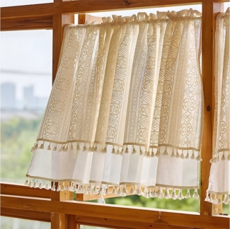 Sunicol Scheibengardine Vintage Quasten Boho gardinen kurz, Transparente Fenstervorhänge, (1 St), Voile Bistrogardine für Wohnzimmer Schlafzimmer Kinderzimmer