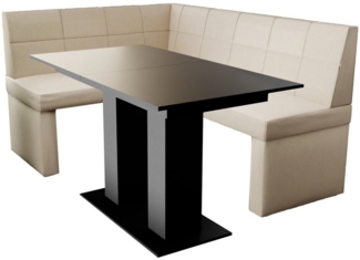 Eckbankgruppe 168x128 cm BLAKE R Stoff Soro Creme / Esstisch DANTE Schwarz