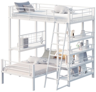 HAUSS SPOLE Etagenbett Metallrahmen 90x200 mit Mehreren Ablagefächern, ohne Matratze Weiß (Hochbett Metall 90x200 cm, Funktionsbett Gästebett mit Ablagefächern, stabiler Eisenrahmen, Platzsparend und wandelbar für Kinder, Jugendliche und Erwachsene), O...