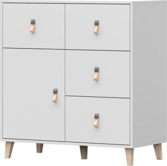 MOEBLO Kommode FAGO 4S1D 03 (Sideboard Wohnzimmer Kommode Schlafzimmer Komodenschrank Highboard, Griffe aus Leder, weiß), (B x H x T): 90x96,50x45 cm