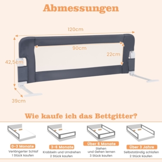 Klappbares Bettgitter mit Verstellbaren Riemen Bettschutzgitter 121 x 40,5 x 42 cm Grau