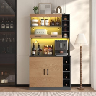 Ulife Küchenbuffet Küchenschrank, Buffet mit LED-Ambiente-Beleuchtung und Kabellöchern Küchen-Highboard aus Holz, viel Platz für Mikrowelle