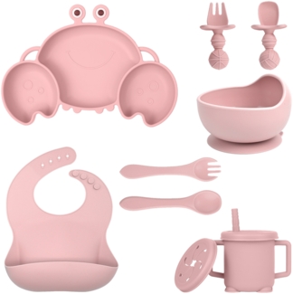 Silikon-Babygeschirr-Set mit Saugnäpfen, 8-teiliges Set, Kinder-Essgeschirr-Set, beinhaltet rutschfeste Teller, Schüsseln, Becher, Löffel und Gabeln, BPA-frei (hellrosa).