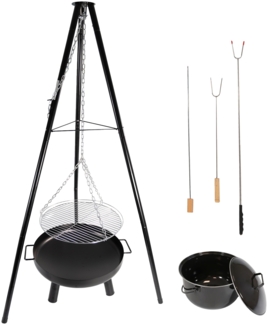 Schwenkgrill mit Feuerschale, 52 cm großer Grillrost, Dreibein Grill mit Gulaschtopf