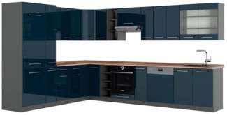 Eckküche Fame-Line Dunkelblau Hochglanz/Anthrazit 347 x 60 cm , AP Eiche Vicco