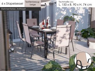 Gartenmöbel Set Alu Tisch 7-tlg. 6x Stapelsessel Gartenstuhl Essgruppe Gartenset Sitzgruppe beige