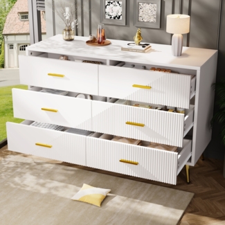 Kommode, Schubladenschrank mit 6 Schubladen dreidimensionalem Türdesign goldenen Beinen schlicht und modern, MDF+Metall, Weiß