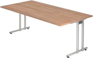 bümö Schreibtisch groß, N-Serie 200x100 cm, Tischplatte aus Holz in Nussbaum, Gestell aus Metall in Silber - PC Tisch, großer Computertisch für's Büro, Office Bürotisch, NS-2E-N-S