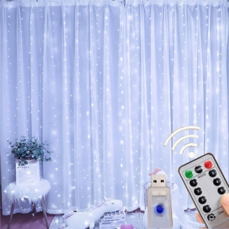 Senmudi LED-Lichtervorhang Lichtervorhang,3x3m Lichterketten Vorhang Lichterkettenvorhang 8 Modi, LED Taschenlampe Aufladbar,5 Lichtmodi und Wasserdicht,Zoombar