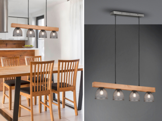 LED Pendelleuchte 4 flammig mit Holzbalken & Metall, Breite 75cm