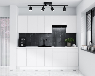 AX LIVING Aquileia Küchenzeile 240 cm – Weiß Matt mit Arbeitsplatte Marmor Bianco