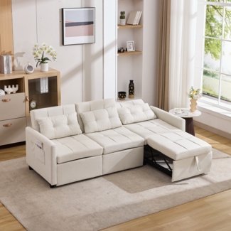 3-Sitzer Sofa mit 7 Konfigurationen, verstellbarer Rückenlehne bis 180°, Schlafsofa, klappbar, beige, mit Rollen & Seitentaschen,Beige