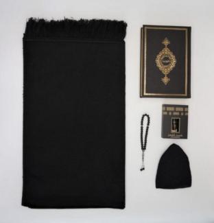 Lale Collection® Orientteppich Gebetsteppich Schwarz + tasbih + Koran Samt dünn Islam Muslim Seccade, dünn