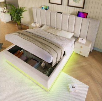 HAUSS SPOLE Polsterbett 180×200 mit App Control LED und USB-C Ladefunktion, Leinen, Beige (Doppelbett, Funktionsbett mit Bettkasten und Lattenrost, 1-tlg, 180×200cm, ohne Matratze), mit App-Steuerung LED und USB-C Ladefunktion