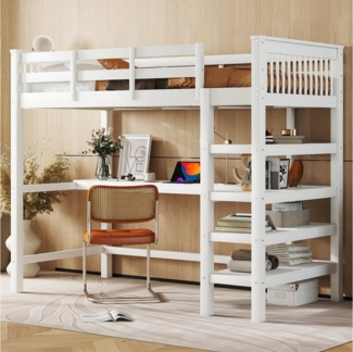 STILVORA Hochbett 90x200 mit schreibtisch,Kinderbett mit Ablagefächern,ohne matratze (Gästebett Jugendbett Holzbett mit Ablagefächern und Unterbettschreibtisch, 90 x 200 cm) Ohne Matratze