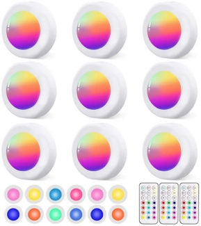 OYLCDI Unterschrankleuchte 3/6/9/12 Stück Batteriebetrieben LED RGB Spots mit Fernbedienung, 13 Farbwechsel Kabellos Vitrinenbeleuchtung, Küche LED Lampe zum Kleben Schranklicht, Dimmbar Unterbauleuchte, Nachtlicht mit Fernbedienung und Timing-Funktion