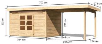 Karibu Woodfeeling Gartenhaus Kandern mit Anbaudach 3 m Breite Gartenhaus aus Holz in Grau Holzhaus mit 28 mm Wandstärke inklusive Schleppdach Blockbohlenhaus mit Montagematerial