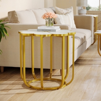 Tribesigns Beistelltisch Blumen Design Sofatisch mit Kunstmarmor und Goldfarbenem Metallgestell