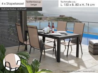 Gartenmöbel Set 5-tlg. Essgruppe Alu Tisch 4x Stapelsessel Gartenset Sitzgruppe beige