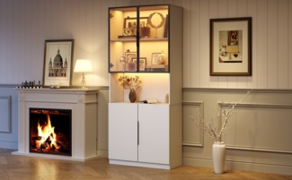 Vitrine, Spanplatte mit LED-Beleuchtung, 80 x 30 x 200 cm, Weiß