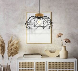 EGLO Pendelleuchte Padstow, Hängelampe Vintage, Industrial, Retro, Hängeleuchte aus Stahl und Holz in Schwarz, Natur, Esstischlampe, FSC zertifiziert, E27 Fassung