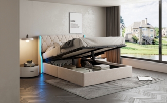 Gasdruckbett mit Wingback und LED-Lichtern, 140x190cm Beige Samt