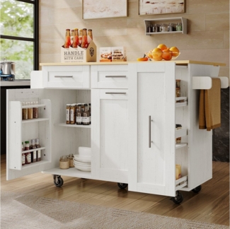 HAUSS SPOLE Kücheninsel Küchenschrank, Speisewagen mit Speicherraum, Snackregalen weiß, (Multifunktionale Kücheninsel mit klappbarer Tischplatte, Stauraum und Metallrahmen – eleganter Esswagen mit Holzmaserung, ideal für Küchen und Esszimmer, für moder...