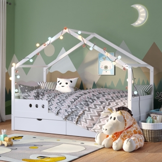 Bellabino 'Bela' Hausbett 90x200 cm mit großer Schublade, weiß, Kiefer Massivholz, Montessori Kinderbett mit Stauraum, inkl. Rausfallschutz und Lattenrost