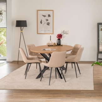 HOME DELUXE Essgruppe Oval inkl. Sternfuß - 200 x 120 cm Fishbone Oak 6 Stühle Creme