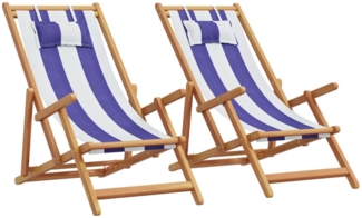 vidaXL Strandstühle 2 Stk. Klappbar Blau Weiß Stoff und Massivholz 3214490