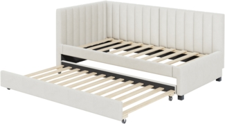 Polsterbett, 90x200, Ausziehbares Schlafsofa, Multifunktionsbett mit Lattenrost, Jugendbetten Kinderbetten Gästebetten, Samtstoff, Beige, 90x200 cm