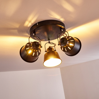 »Rimini« runde Deckenlampe aus Metall in Schwarz/Gold, 3-flammig, mit verstellbaren Strahlern u. Lichteffekt, 3 x E14-Fassung max. 40 Watt, Spot im Retro/Vintage Design, LED geeignet