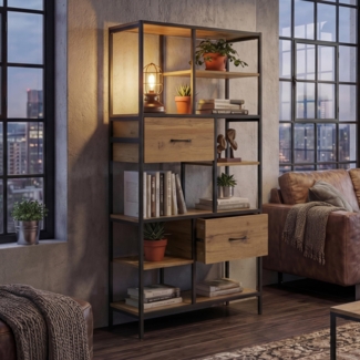 Regal HWC-P11, Regalschrank Bücherregal Standregal, Schubladen Industrial MDF Metall Melamin 150 x 81 x 33 cm ~ braun