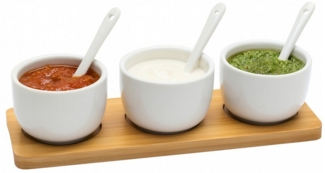 Koopman Servierschale Dipschale Soßenschale Snackschale Serviertablett Tablett 22 x 8 x 6 cm, Keramik, (7-tlg), 7tlg, Inkl. Löffel, Keramik, Bambustablett, 3 Schalen