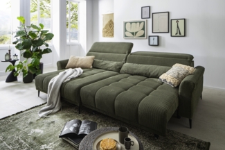 Wohnlandschaft >Wolve< elektr. Sitzverstellung, 2 Kissen, Cord grün - 277x108x179cm (BxHxT)