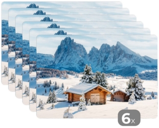 MuchoWow Platzset Winter - Hütte - Berge - Aussicht - Schnee, (6-St), Platzsets, Tischset, Abwaschbar, Tischsets, Platzdeckchen