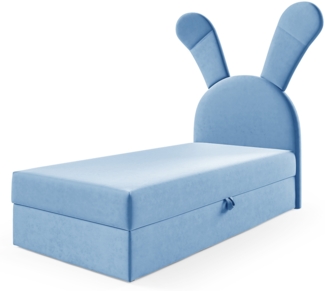 MEBLINI Kinderbett mit Bettkasten KANINCHEN 100x200 Rechts – H3/Blau Samt Gepolstert Einzelbett mit Matratze - Polsterbett mit Stauraum - Bett mit Kopfteil – Stauraumbett