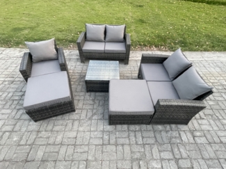 Fimous 7-Sitzer Rattan Gartenmöbel im Freien Sofa Set Tisch & Stuhls mit 2 Großer Fußhocker Dunkelgrau Gemischt