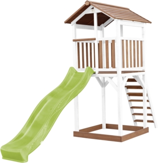 AXI Beach Tower Spielturm aus Holz in Braun & Weiß Spielhaus für Kinder mit hellgrüner Rutsche und Sandkasten | Braun, Weiß, Limettengrün | Holz | 349 cm