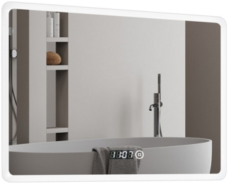 WDWRITTI Wandspiegel 80x60 Spiegel mit beleuchtung Kalt / Neutral / Warmweiß Uhr Dimmbar (LED Badspiegel mit touch, Speicherfunktion), Energiesparende, IP44