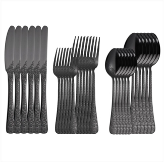 KEENZO Besteck-Set 30 teilig Schwarz Essbesteck Set für 6 Personen florale Muster Griff (30-tlg), 6 Personen, Edelstahl
