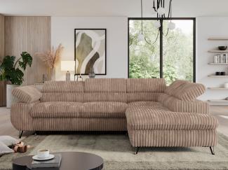 Ecksofa mit Bettfunktion, Modern Sofa, L-form, Einstellbare Kopfstützen, Bettkasten, PEDRO, 1x Ecksofa, Braun, Cord, rechts