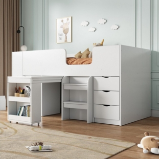 Merax Hochbett (1-St, Funktionsbett Einzelbett Jugendbett Stauraumbett) Kinderbett 90x200 cm mit Schreibtisch, Schrank, 3 Schubladen und Leiter